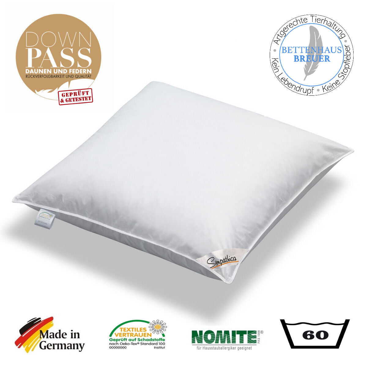 Kopfkissen Kissen 1100g neue weiße Federn Klasse 1 Daunenpass 80×80